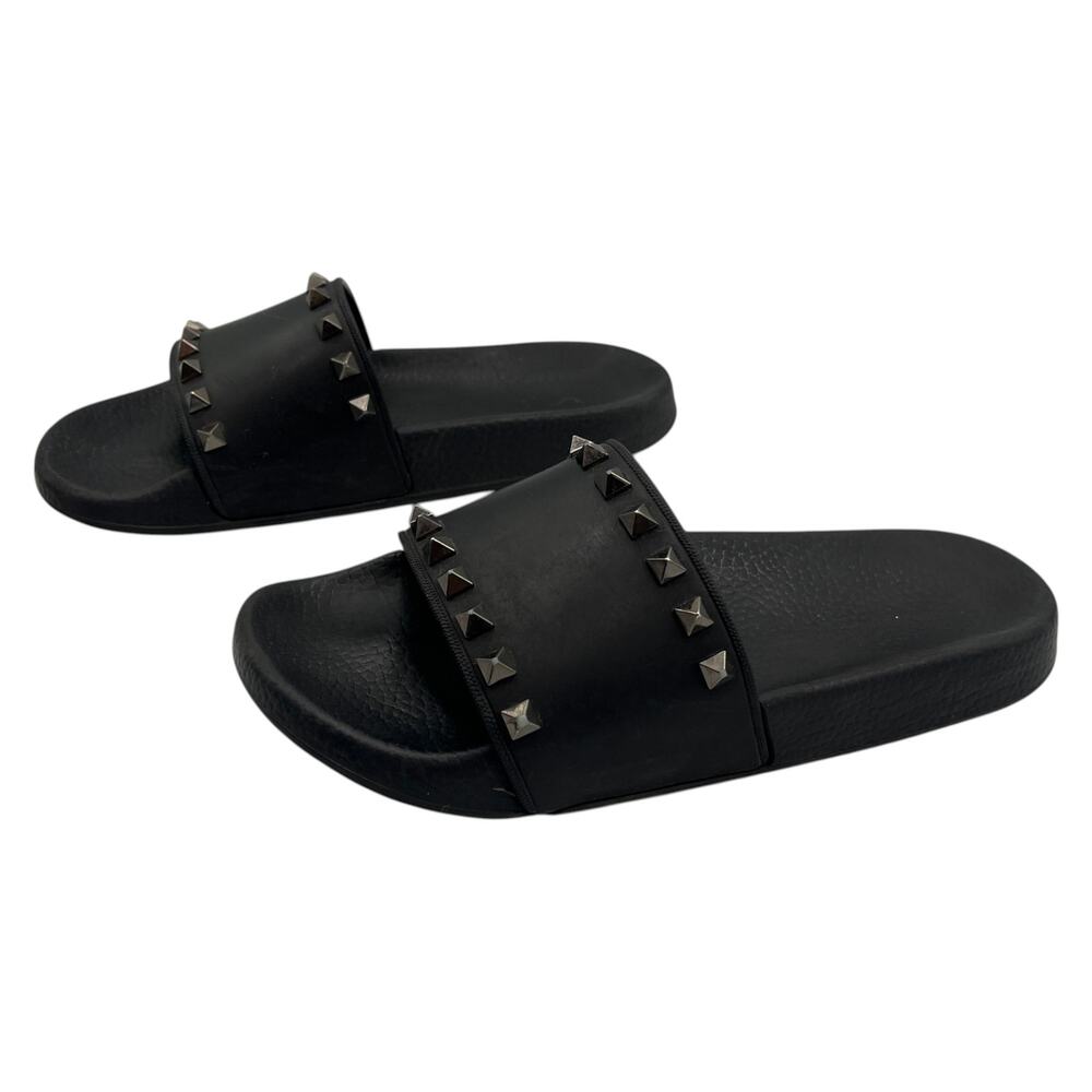 Valentino Garavani Slides Sandals Rockstud Rubber Summer Flat Black Size 6.5 - Picture 2 of 6